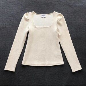 FRNCH Paris Ivory Cream White Square Neck Puff Sleeve Classic Knit Top Blouse L
